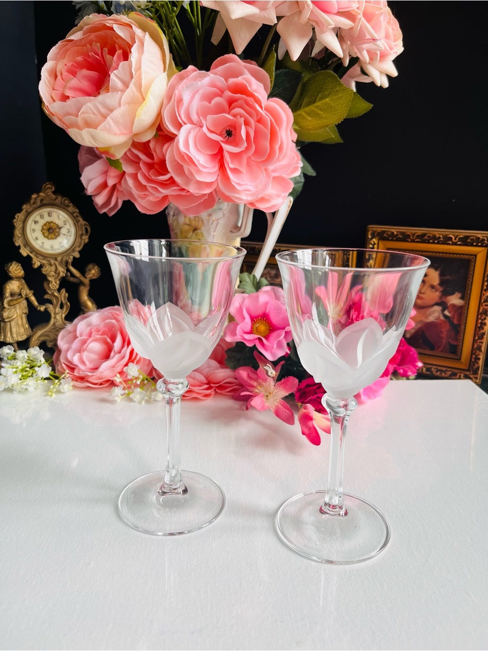 J.G. Durand Frosted Rose Petal Crystal Wine Glasses (Set of 2)